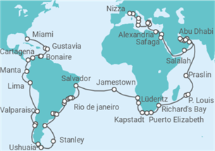 Reiseroute der Kreuzfahrt  Silversea Luxus Weltreise 2028 - Silversea