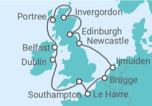 Reiseroute der Kreuzfahrt  Irland, Vereinigtes Königreich, Niederlande, Belgien, Frankreich - NCL Norwegian Cruise Line