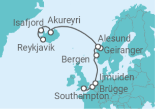 Reiseroute der Kreuzfahrt  Belgien, Niederlande, Norwegen, Island - NCL Norwegian Cruise Line