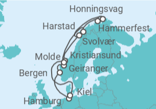 Reiseroute der Kreuzfahrt  Hamburg • Bergen • Geiranger • Kristiansund • Lofoten • Nordkap • Hammerfest • Harstad • Molde • Kie - mit Flug - Nicko Cruises