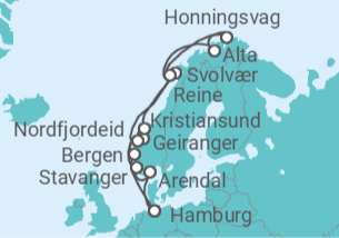 Reiseroute der Kreuzfahrt  Hamburg • Bergen • Geiranger • Kristiansund • Lofoten • Nordkap • Alta • Lofoten • Nordfjordeid • St - mit Flug - Nicko Cruises