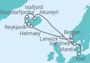 Reiseroute der Kreuzfahrt  Kiel • Sandnes • Bergen • Shetlandinseln • Westmännerinseln • Island • Mandal • Kiel - mit Flug - Nicko Cruises