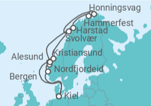 Reiseroute der Kreuzfahrt  Kiel • Bergen • Nordfjordeid • Kristiansund • Lofoten • Nordkap • Hammerfest • Harstad • Ålesund • K - mit Flug - Nicko Cruises