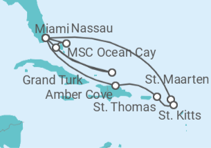 Reiseroute der Kreuzfahrt  Bahamas, USA, Sint Maarten, Amerikanische Jungferninseln - MSC Cruises