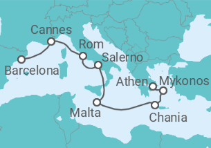 Reiseroute der Kreuzfahrt  Frankreich, Italien, Malta, Griechenland - Virgin Voyages