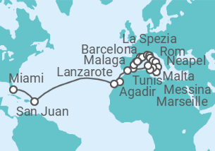 Reiseroute der Kreuzfahrt  Von Tarragona (Spanien) nach Miami - Oceania Cruises