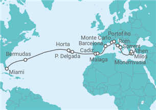 Reiseroute der Kreuzfahrt  Von Miami nach Athen (Piräus) - Explora Journeys
