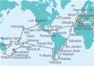 Reiseroute der Kreuzfahrt  MSC Magnifica Weltreise 2027 Genua - Warnemünde - MSC Cruises