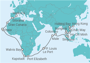 Reiseroute der Kreuzfahrt  57 Nächte - Große Weltentdecker-Route - ab Hongkong/bis Palma - mit Flug - Mein Schiff