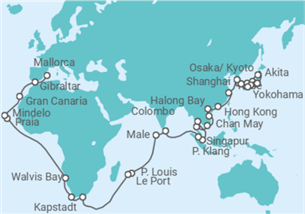 Reiseroute der Kreuzfahrt  86 Nächte - Große Weltentdecker-Route - ab Tokio/bis Palma - mit Flug - Mein Schiff