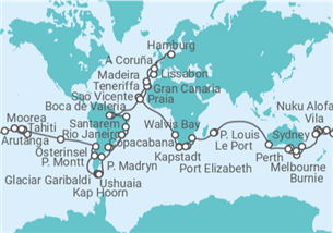 Reiseroute der Kreuzfahrt  Weltreise 2026 - AIDA