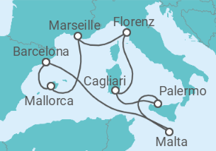 Reiseroute der Kreuzfahrt  Spanien, Frankreich, Italien Alles Inklusive - MSC Cruises