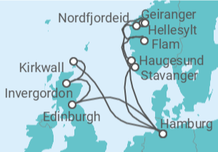 Reiseroute der Kreuzfahrt  Norwegen, Deutschland, Vereinigtes Königreich - Costa Kreuzfahrten