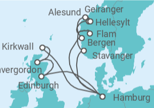 Reiseroute der Kreuzfahrt  Vereinigtes Königreich, Deutschland, Norwegen - Costa Kreuzfahrten