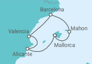 Reiseroute der Kreuzfahrt  Mallorca • Menorca • Barcelona • Valencia • Alicante • Mallorca - Nicko Cruises