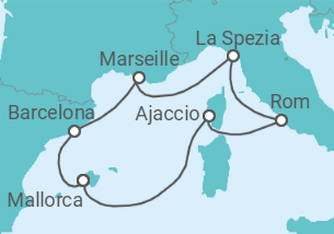 Reiseroute der Kreuzfahrt  9 Nächte - Höhepunkte des Westlichen Mittelmeers - ab/bis Palma - mit Flug - Mein Schiff