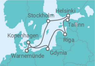 Reiseroute der Kreuzfahrt  10 Nächte - Metropolen der Ostsee intensiv - ab/bis Warnemünde  - Mein Schiff
