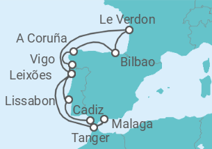 Reiseroute der Kreuzfahrt  14 Nächte - Rund um die Iberische Halbinsel - ab/bis Leixões (Porto) - mit Flug - Mein Schiff