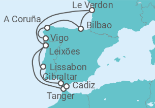 Reiseroute der Kreuzfahrt  14 Nächte- Rund um die Iberische Halbinsel - ab/bis Leixões (Porto) - mit Flug - Mein Schiff
