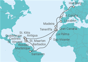 Reiseroute der Kreuzfahrt  Große Winterpause Karibik mit Amazonas - AIDA