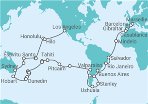 Reiseroute der Kreuzfahrt  Weltreise - MSC Cruises