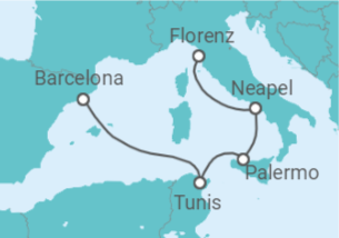 Reiseroute der Kreuzfahrt  Tunesien, Italien - MSC Cruises