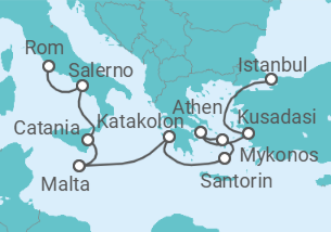 Reiseroute der Kreuzfahrt  Mittelmeer & Ägäis Highlights - NCL Norwegian Cruise Line