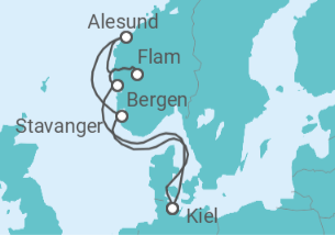 Reiseroute der Kreuzfahrt  Norwegens Welterbe ab Kiel - AIDA