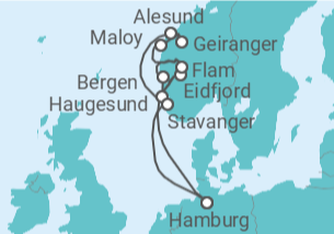 Reiseroute der Kreuzfahrt  Norwegens Fjord-Weltnaturerbe ab Hamburg 2 - AIDA