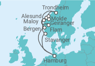 Reiseroute der Kreuzfahrt  Norwegens Fjord-Weltnaturerbe ab Hamburg 2 - mit Flug - AIDA