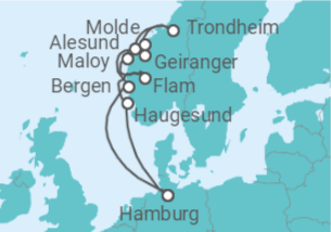 Reiseroute der Kreuzfahrt  Norwegens Fjord-Weltnaturerbe ab Hamburg 2 - mit Flug - AIDA