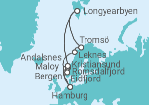 Reiseroute der Kreuzfahrt  Norwegen mit Spitzbergen & Lofoten ab Hamburg - mit Flug - AIDA