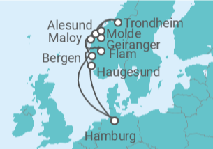 Reiseroute der Kreuzfahrt  Norwegens Fjord-Weltnaturerbe ab Hamburg 2 - mit Flug - AIDA