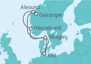 Reiseroute der Kreuzfahrt  Norwegens Welterbe ab Kiel - mit Flug - AIDA