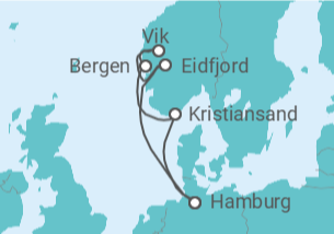 Reiseroute der Kreuzfahrt  Norwegens Fjorde mit Eidfjord ab Hamburg - AIDA