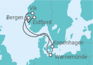 Reiseroute der Kreuzfahrt  Norwegens Fjorde ab Warnemünde - AIDA