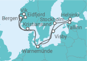 Reiseroute der Kreuzfahrt  Schweden, Estland, Finnland, Deutschland, Norwegen - AIDA
