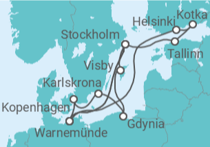 Reiseroute der Kreuzfahrt  Schweden, Polen, Dänemark, Deutschland, Finnland, Estland - AIDA