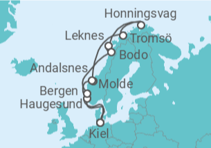 Reiseroute der Kreuzfahrt  Norwegen mit Lofoten & Nordkap ab Kiel - mit Flug - AIDA