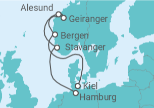 Reiseroute der Kreuzfahrt  Norwegen ab Kiel - AIDA