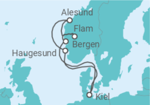 Reiseroute der Kreuzfahrt  Norwegens Welterbe ab Kiel - mit Flug - AIDA