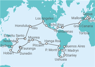 Reiseroute der Kreuzfahrt  Weltreise - MSC Cruises