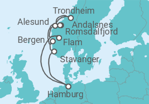 Reiseroute der Kreuzfahrt  Norwegens Fjorde ab Hamburg - mit Flug - AIDA