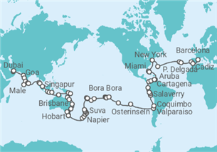 Reiseroute der Kreuzfahrt  Endless Worlds, our 128-day Inaugural World Journey 2029 - Explora Journeys
