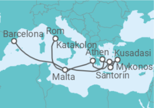 Reiseroute der Kreuzfahrt  Malta, Griechenland, Türkei Alles Inklusive - Celebrity Cruises