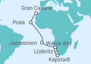 Reiseroute der Kreuzfahrt  SOUTH AFRICA, NAMIBIA & ST. HELENA CRUISE: CAPE TOWN, WALVIS BAY & JAMESTOWN - Azamara