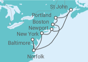 Reiseroute der Kreuzfahrt  Kanada & Indian Summer ab New York  Alles Inklusive - mit Flug - AIDA