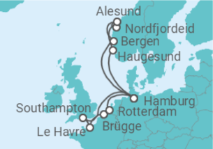 Reiseroute der Kreuzfahrt  Metropolen & Norwegen ab Hamburg  Alles Inklusive - mit Flug - AIDA
