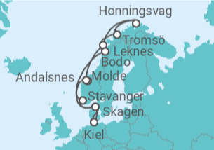 Reiseroute der Kreuzfahrt  Norwegen mit Lofoten & Nordkap ab Kiel  Alles Inklusive - mit Flug - AIDA