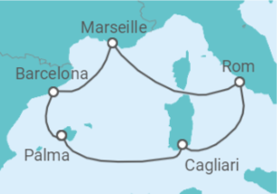 Reiseroute der Kreuzfahrt  Mediterrane Schätze mit Sardinien ab Barcelona  Alles Inklusive - AIDA